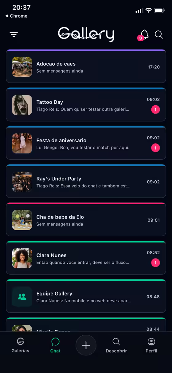 Tela mobile da lista de chats no Gallery