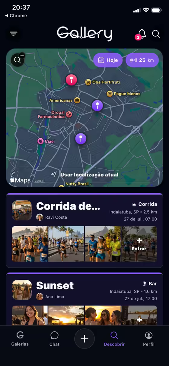 Tela mobile do mapa de descoberta no Gallery