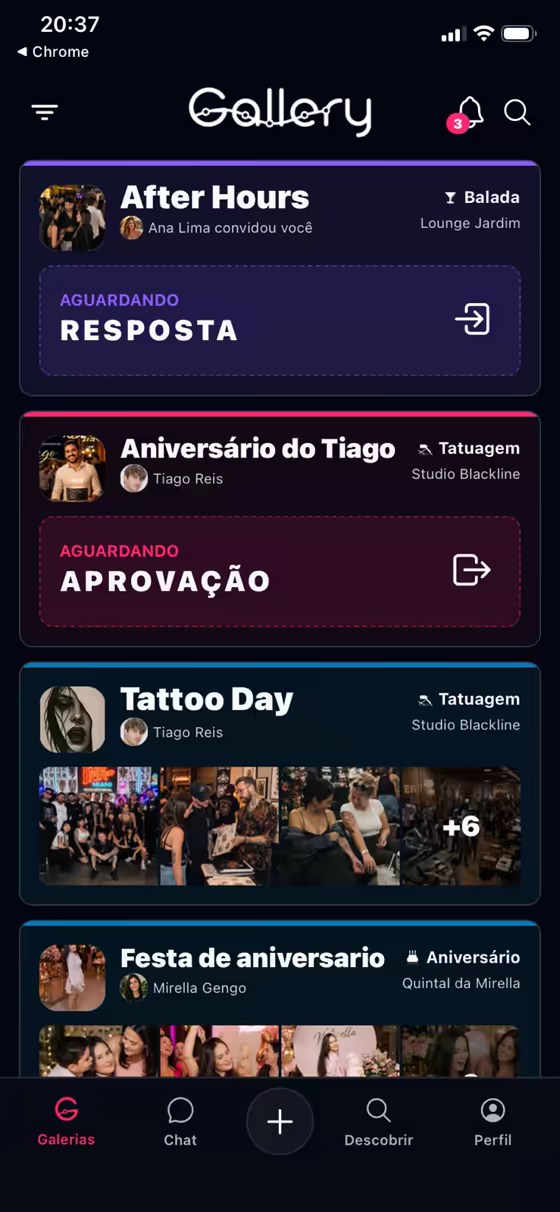 Tela mobile do Gallery com lista de galerias compartilhadas